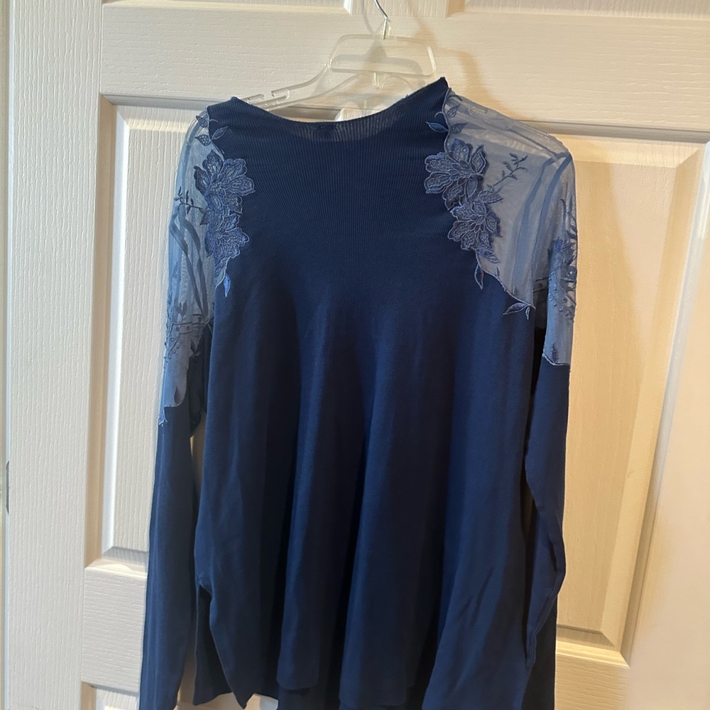 Free People Navy Floral Lace Blouse